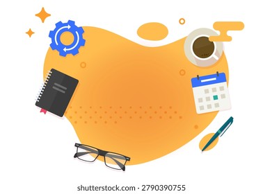 Workplace copy space flat lay top view vector modern graphic design illustration, table work desk place overhead empty minimal, study workdesk desktop with glasses coffee and pen background clip art