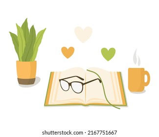 Workplace. Cosy Home. Notebook, glasses, plant, hot drink cup. Flat style. Vector illustration 