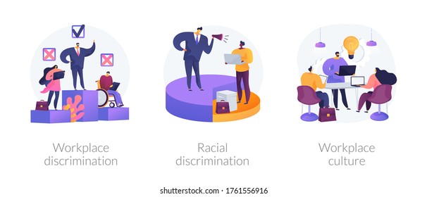 Workplace Culture Abstract Concept Vector Illustration Set. Workplace And Racial Discrimination, Equal Employment Opportunity, Shared Values, Sexual Harassment, Prejudice And Bias Abstract Metaphor.