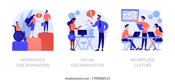 Workplace Culture Abstract Concept Vector Illustration Set. Workplace And Racial Discrimination, Equal Employment Opportunity, Shared Values, Sexual Harassment, Prejudice And Bias Abstract Metaphor.