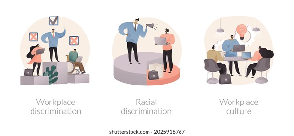 Workplace Culture Abstract Concept Vector Illustration Set. Workplace And Racial Discrimination, Equal Employment Opportunity, Shared Values, Sexual Harassment, Prejudice And Bias Abstract Metaphor.