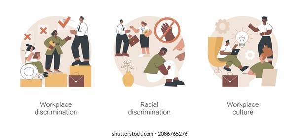 Workplace Culture Abstract Concept Vector Illustration Set. Workplace And Racial Discrimination, Equal Employment Opportunity, Shared Values, Sexual Harassment, Prejudice And Bias Abstract Metaphor.