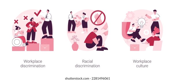 Conjunto de ilustraciones vectoriales de concepto abstracto de referencia cultural de lugar de trabajo. Lugar de trabajo y discriminación racial, igualdad de oportunidades de empleo, valores compartidos, acoso sexual, prejuicios y metáfora abstracta de prejuicios.