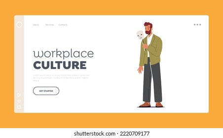 Workplace Culture Landing Page Template. Unhappy Male Character With Happy Smiling Mask. Imposter Syndrome, Hypocrisy, Dishonesty, Liar, Fake Emotions Concept. Cartoon People Vector Illustration