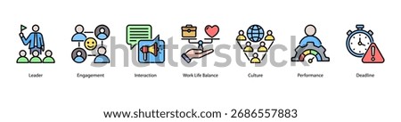 Workplace Culture web banner icon vector illustration featuring Leader, Engagement, Interaction, Work Life Balance, Culture, Performance, and Deadline.