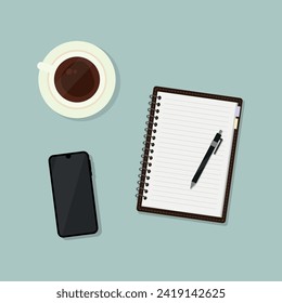 Workplace. Cup of coffee, phone, and notebook with pen lying on the table.