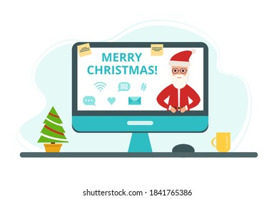 Workplace decorated for Christmas with a monitor, tree and cup. Santa Claus wishes you Merry Christmas. Vector illustration in flat style