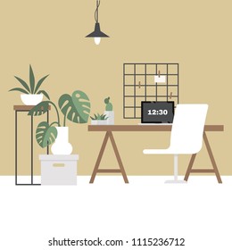 Workplace. Design Bureau. Workspace. Modern Scandinavian Interior. Flat Editable Vector Illustration, Clip Art. Stylish And Cozy. No People. 