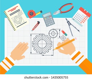 Workplace of a design engineer. Hands draw a drawing with gears on the desktop. Flat vector illustration.