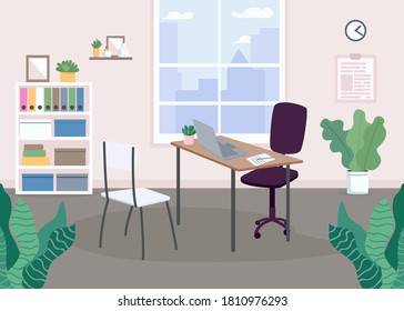 Workplace design flat color vector illustration. Interview room. Study, parlor. Work-bench. Office. 2D cartoon interior with window, shelves and drawers, writing desk on background