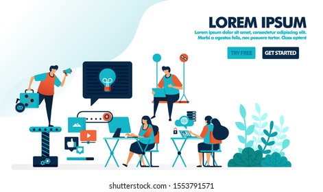 Workplace design for millennials. Coworking space or a modern workplace. Office startup to find ideas. Flat vector illustration for landing page, web, website, banner, mobile apps, flyer, poster, ui