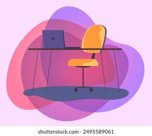 Workplace design with office chair and desk with laptop. Flat vector illustration. Interior design template. Workplace, job, office concept