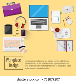 Workplace design for Office Supplies Stuff and Digital Laptop Smartphone Computer Tablet Mouse Pencil Cup Coffee, Top View, Vector illustration