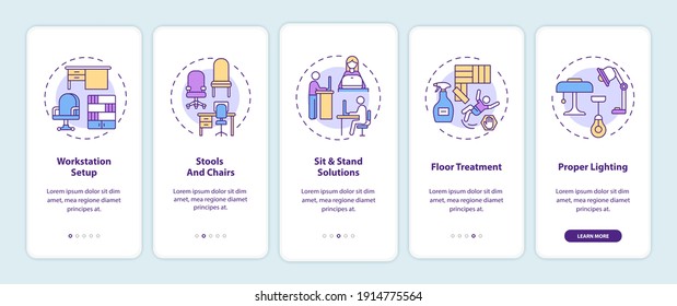 Workplace Design Onboarding Mobile App Page Screen With Concepts. Work Station Setup, Sit And Stand Solutions Walkthrough 5 Steps Graphic Instructions. UI Vector Template With RGB Color Illustrations