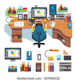 Workplace of design pro:  table, computer, monitor screen,  camera on it, lamp, clock, tablet, chair, designer on work, picture. Flat vector stock isolated set. 