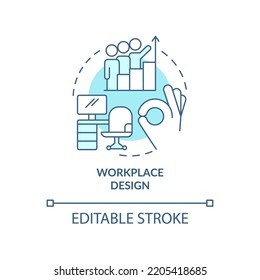 Workplace design turquoise concept icon. Positive work. Comfortable work environment abstract idea thin line illustration. Isolated outline drawing. Editable stroke. Arial, Myriad Pro-Bold fonts used