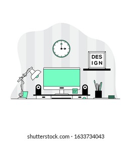 The workplace of the designer. A computer on the table, books on a shelf, a plant, a table lamp and other elements. Flat line vector illustration.