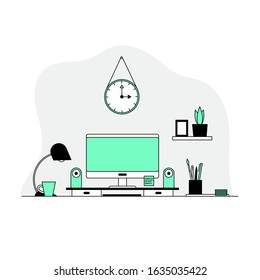 The workplace of the designer. A computer on the table, books on a shelf, a plant, a table lamp and other elements. Flat line vector illustration.