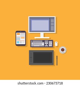 workplace designer computer tablet flat icon design vector illustration