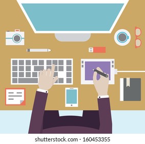 Workplace of designer with devices for work. Flat style - vector illustration