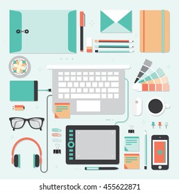 Workplace of designer with devices for work. Flat style - vector illustration. Top view