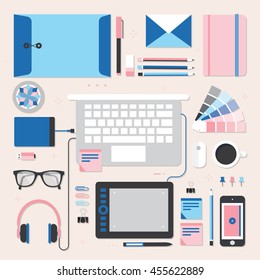 Workplace of designer with devices for work. Flat style - vector illustration. Top view