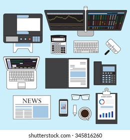 Workplace of designer with devices for work,Flat designed banners for creative project, business, finance. Vector