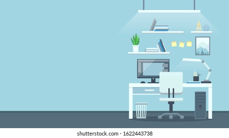 Workplace for designer or digital artist  with a table, chair, laptop, computer, monitor, shelves in the office. Coworking interior in blue colors. Vector stock illustration with copy space for text.