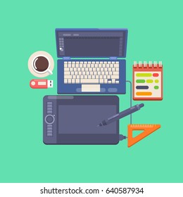 Workplace of a designer Flat design style modern vector illustration icons set