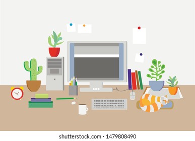 The workplace of the designer at home or in the office. It has everything for productive work and a cozy atmosphere. Vector bright colorful flat illustration.