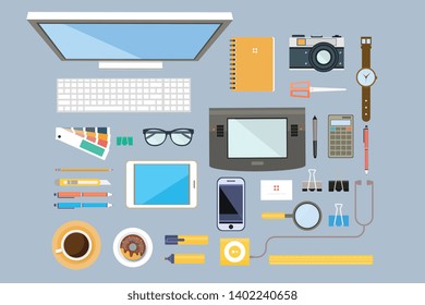 Workplace of designer, office equipment, mobile devices and work tools vector illustration in flat style