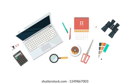 Workplace of designer, organization of working space, view from above vector Illustration on a white background