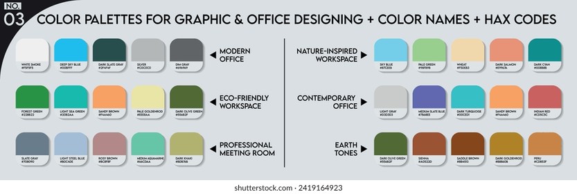 Workplace designing color palette, Fashion Trend Color guide palette 2024-25. An example of a colors palette vector. Forecast of the future colors. Office Color palette with color hex codes and names