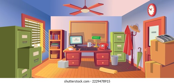 Workplace with desk, board, computer, retro phone and shelf. workplace. Vector illustration in cartoon style.