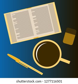 Workplace Desk book and a cup of coffee Top Angle View Flat Vector Illustration