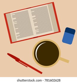 Workplace Desk book and a cup of coffee Top Angle View Flat Vector Illustration