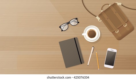 Workplace Desk Cell Smart Phone Notebook Suitcase Coffee Top Angle View Copy Space Flat Vector Illustration
