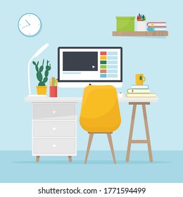 Workplace - desk, chair, computer, speakers, books, pencils, flower pot, mug. Modern home office. Flat vector illustration