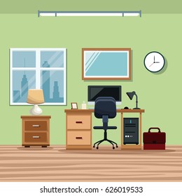 workplace desk chair computer window lamp