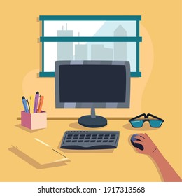 workplace desk with computer in front of window design, work office and telecommuting theme Vector illustration