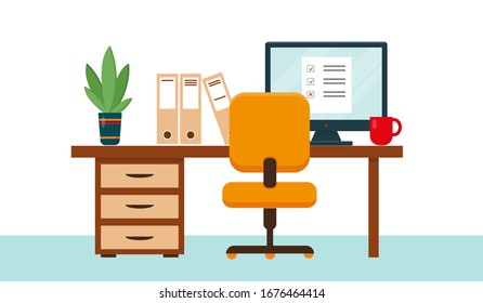 Workplace with desk and computer. Home office, freelance or online working concept. Vector illustration.