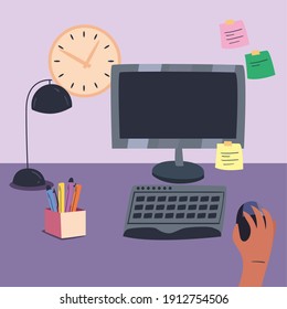 escritorio en el lugar de trabajo con diseño de computadora y lámpara, oficina de trabajo y teletrabajo Tema Vector ilustración