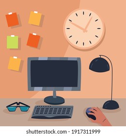 Arbeitsplatz-Schreibtisch mit Computer- und Lampendesign, Arbeitsbüro und Thema Telekommunikation Vektorgrafik