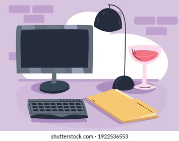 escritorio en el lugar de trabajo con diseño de computadora y lámpara, oficina de trabajo y teletrabajo Tema Vector ilustración