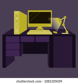 Workplace Desk computer lamp Top Angle View Flat Vector Illustration