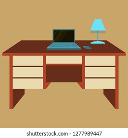Workplace Desk computer lamp Top Angle View Flat Vector Illustration