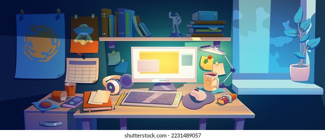 Workplace desk with computer at night room. Home work space with table, desktop, coffee cup, potted plant, mobile phone and stationery, messy freelancer or student place, Cartoon vector illustration