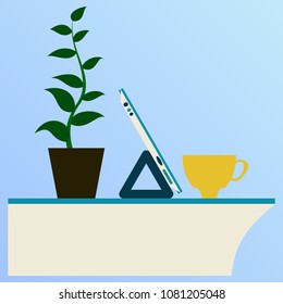 Workplace Desk computer plant coffee Top Angle View Flat Vector Illustration