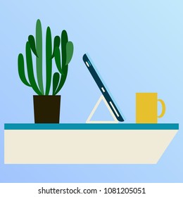 Workplace Desk computer plant coffee Top Angle View Flat Vector Illustration