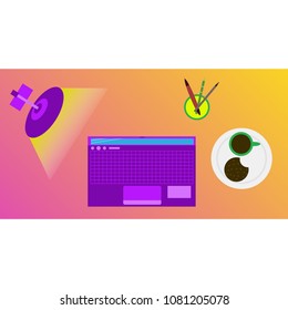 Workplace Desk computer plant coffee Top Angle View Flat Vector Illustration